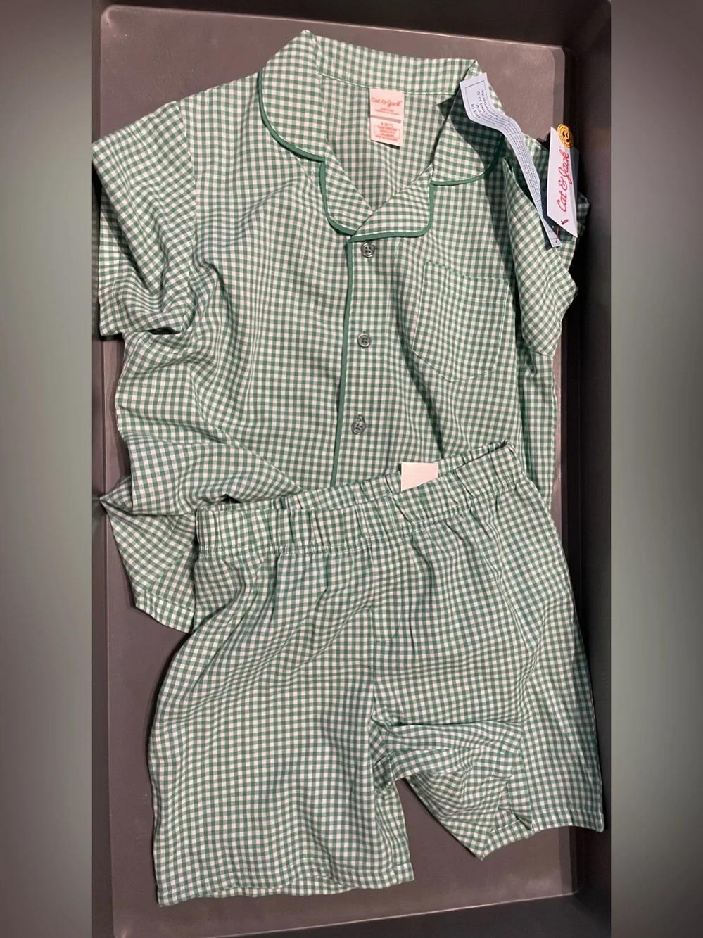 Cat & Jack Boy’s Green Gingham Short Pajama Set 2 piece Size S(6-7) NWT